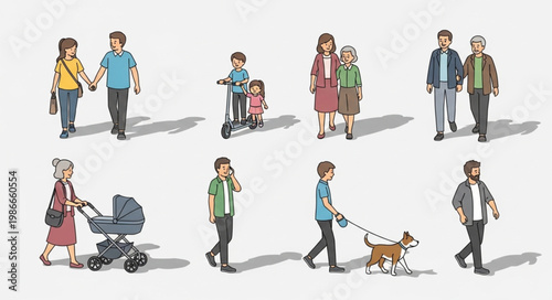 Diverse group of people walking and interacting in various activities.