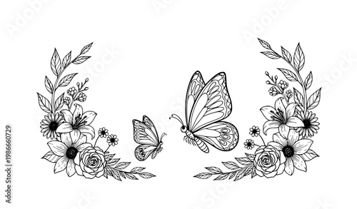 Cute Baby Butterfly Following Mother Butterfly in Garden Line Art Illustration