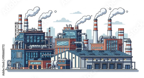 Industrial factory complex with smoking chimneys and buildings.