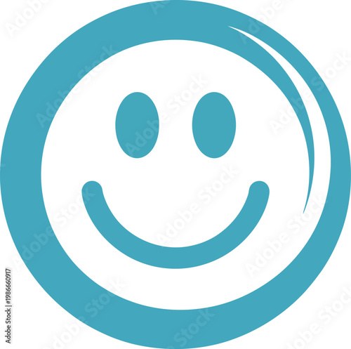 Smiley face icon, blue circular happy face symbol expressing positivity joy friendly feedback and modern user interface design concept.