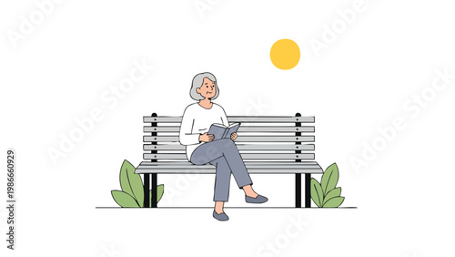 Senior woman reading book on park bench, enjoying sunny day, relaxation, lifestyle vector illustration