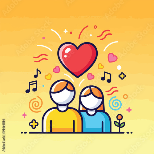 A cartoon illustration of a couple with a heart