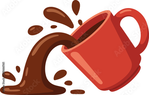 Tipped red coffee mug spilling coffee splash flat vector illustration curved liquid stream modern minimalist design isolated on white background