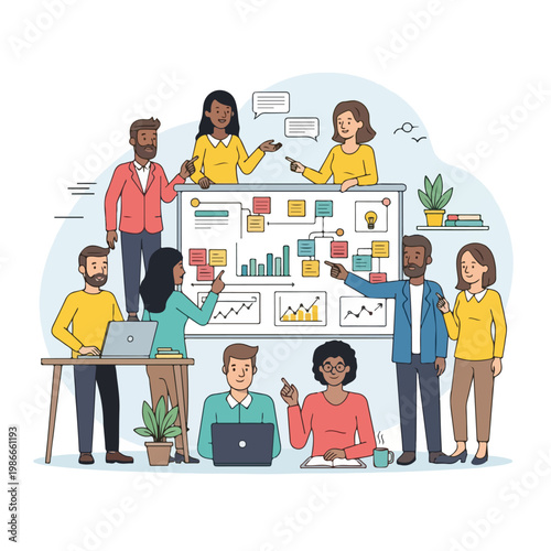 A cartoon illustration of a diverse group of people collaborating around a large chart