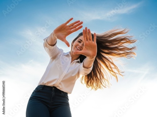 Woman joyfully dancing in the open sky isolated on white background isolated on white background