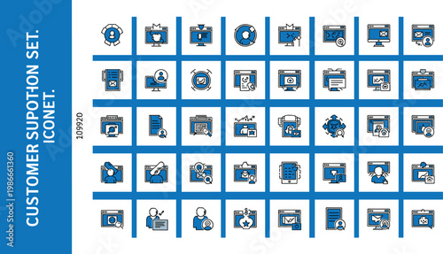 Customer support service icon set with helpdesk communication technical assistance contact center CRM workflow vector collection