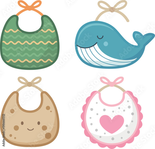 Cute baby themed cartoon set flat vector illustration bibs and whale kawaii style nursery icon collection isolated on white background