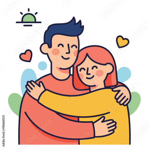 A cartoon illustration of a man and woman hugging
