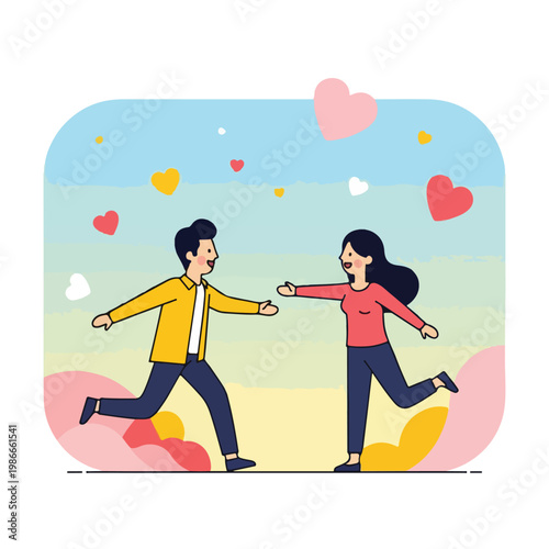 A cartoon illustration of a man and woman running towards each other