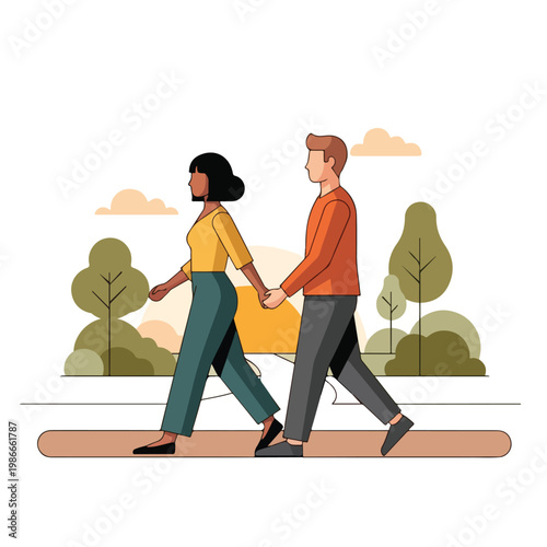 A cartoon illustration of a man and woman walking