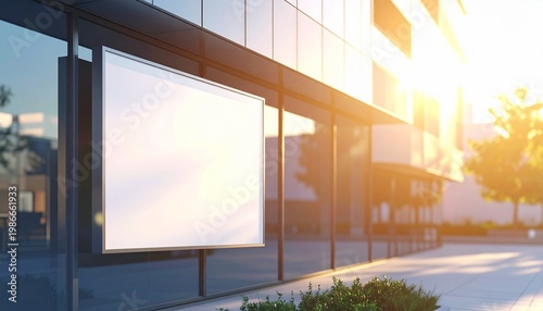 Billboard on Modern Building: A modern glass building hosts a clean, blank billboard on its exterior, bathed in the warmth of the sun, perfect for advertisement.