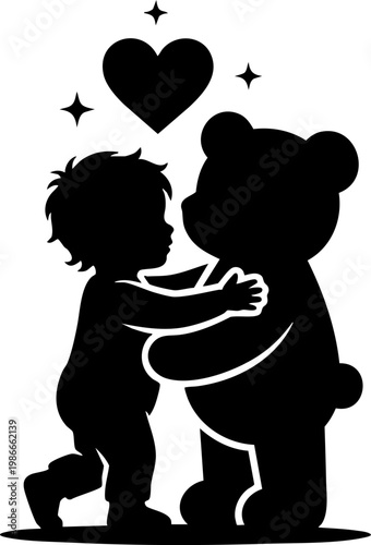 Child silhouette standing and embracing fluffy teddy bear toy with heart and star shapes.