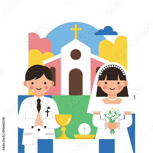 A cartoon illustration of a priest and bride in front of a church
