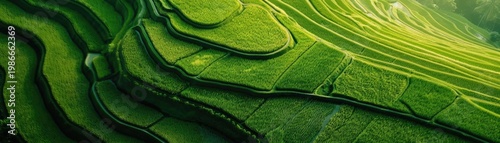 Aerial view of terraced rice fields at sunset