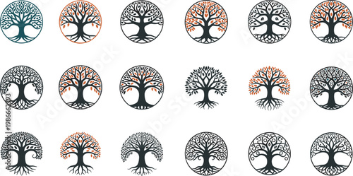 Intricate Tree of Life Set with Circular Designs and Detailed Branches for Nature, Spirituality, and Environmental Symbolism