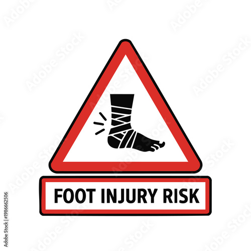 Industrial safety warning sign showing foot injury risk with bandage symbol.