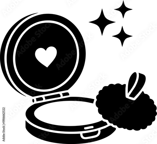 Compact makeup powder case with puff and sparkling stars for beauty and glamour.