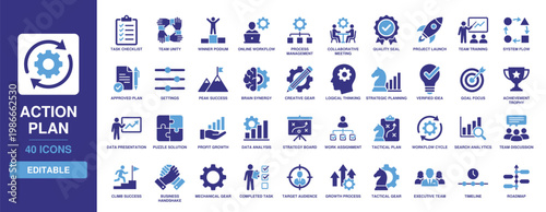 Action Plan solid glyph icon set including task checklist, strategy planning, team unity, roadmap, project launch, workflow management, goal focus, achievement trophy, and data analysis.