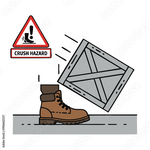 Heavy crate falling on work boot illustrating warehouse crush hazard danger.