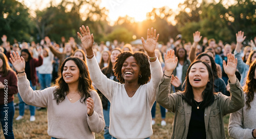Joyful diverse woman with raised hands during outdoor worship at sunset.