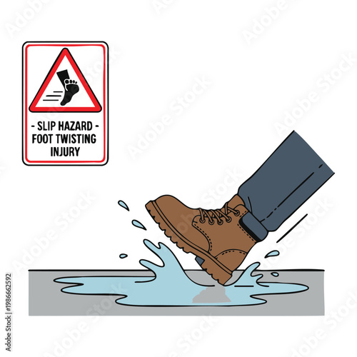 Worker slipping on wet floor puddle with slip hazard foot injury alert sign.