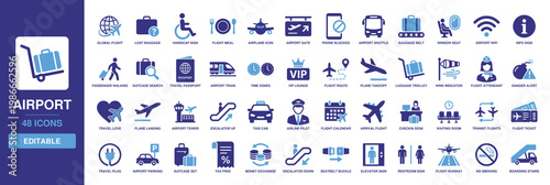 Airport icon including elements for airplane flight, baggage claim, travel passport, ticket check-in, plane takeoff, terminal gate, and transit lounge services.