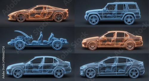 Collection of futuristic car schematics and blueprints.