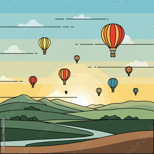 A serene landscape with hot air balloons