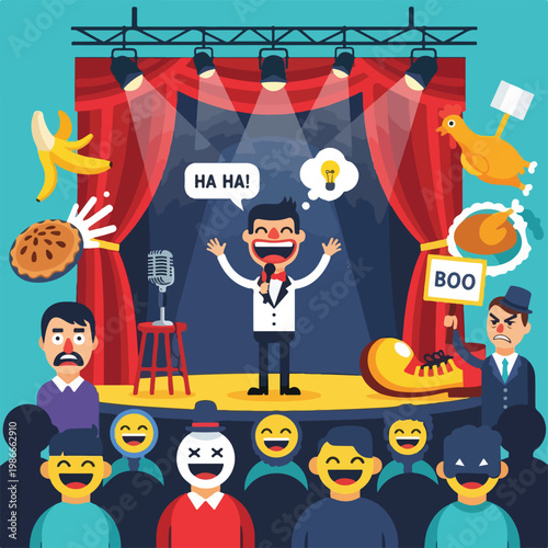 A cartoon image of a comedian on stage