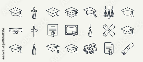 Set of minimalist graduation line icons including academic caps, rolled diplomas, certificates with seals, and tassels for 2024 commencement ceremonies.