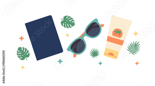 Summer Vacation Travel Essentials Flat Vector Illustration with Sunglasses Sunscreen and Passport on White Background