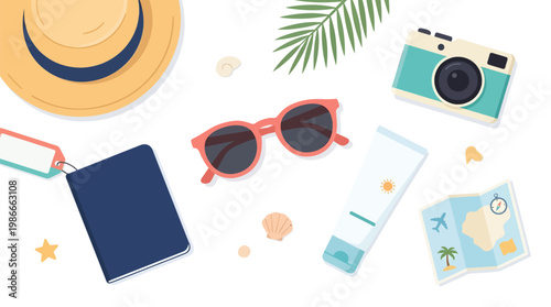 Summer travel essentials flat lay vector illustration with camera sunglasses straw hat passport and sunscreen on white background