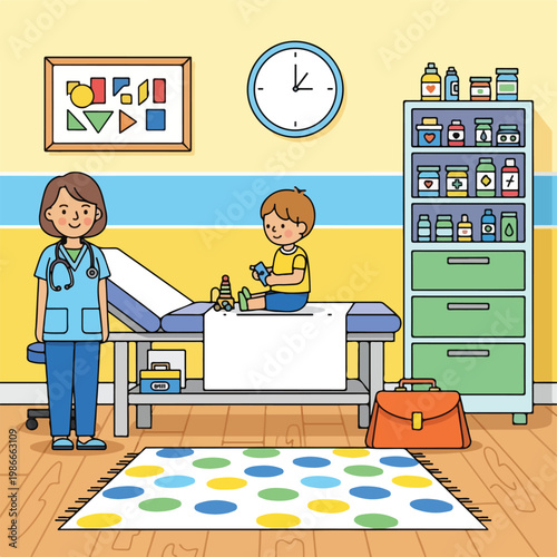 A cartoon image of a pediatrician's office with a doctor and child