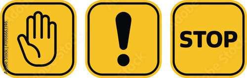 Stop warning icon set, vector caution symbols featuring hand stop sign and exclamation mark in yellow rounded square frames for safety and warning design use.