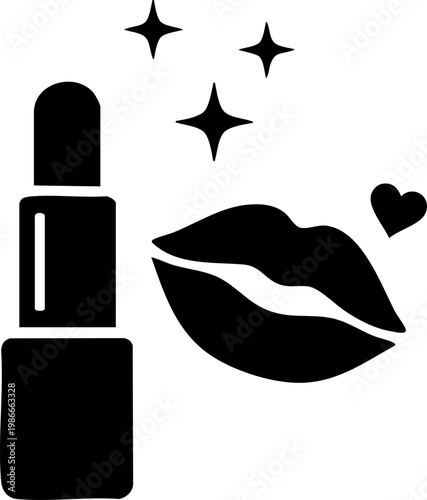 Lipstick makeup icon with silhouette lips and shining stars isolated on grey background.