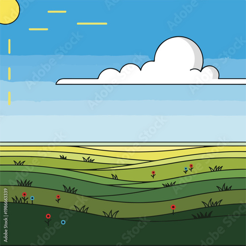 A cartoon landscape with a blue sky, sun, cloud, green field and flowers