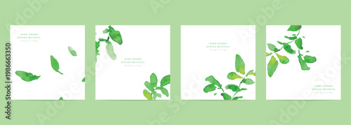 水彩画。水彩タッチの夏の緑の葉っぱイラスト。緑の葉のベクターイラスト。Watercolor painting. Watercolor-style illustration of summer green leaves. Vector illustration of green leaves.
