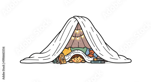 Cute child hiding in blanket fort, indoor play, kids illustration, colorful cartoon