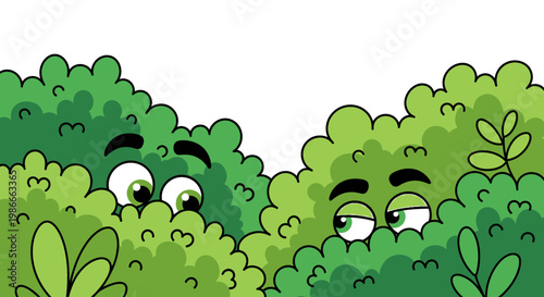 Cartoon green bushes with eyes, peeking plants, vector foliage faces, green foliage characters
