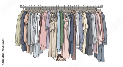 Fashion clothing rack, colorful garments, vector illustration, apparel collection, clothing store