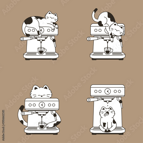 Set of four calico cat espresso machine scenes: sleeping on top, hanging from portafilter, pouring espresso, and catching drip. Graphic mascot.