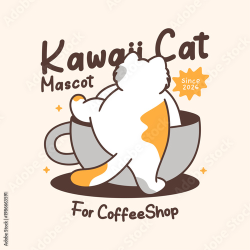 Calico cat climbing into large coffee cup from rear perspective, black patches on back and tail. Minimalist mascot illustration.
