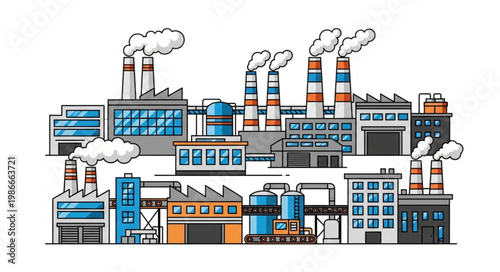 Modern industrial factory complex with smoking chimneys illustration.