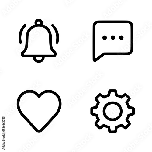Minimalist UI icon set with notification, chat, location, heart and settings symbols