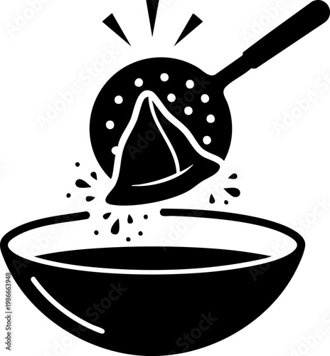 Spoon sifting powder over bowl with splashes and subtle wavy texture overlay.