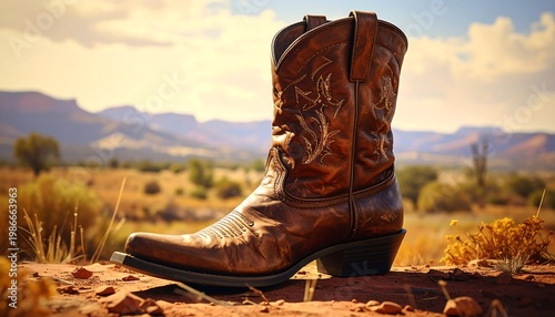 A cowboy boot on a rock in a desert landscape