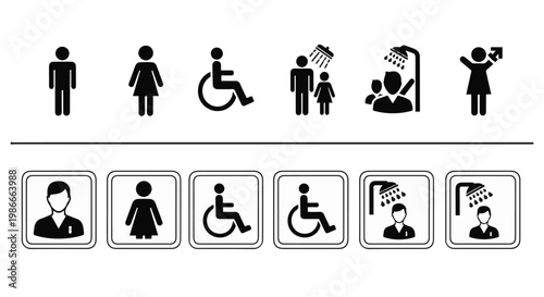 Black and white bathroom icons for men, women, and disabled people