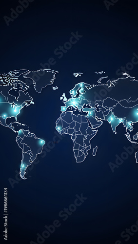 A world map with glowing blue connections on a dark background