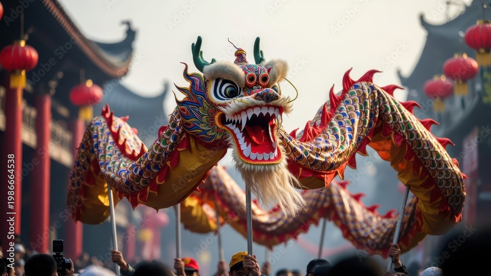 Fototapeta premium Colorful Dragon Dance Performance at Traditional Festival Celebration