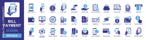 Bill payment icon set with solid glyph designs for mobile wallet, credit card, cash transfer, receipt print, invoice, digital banking, money exchange, and refund payment terminal.